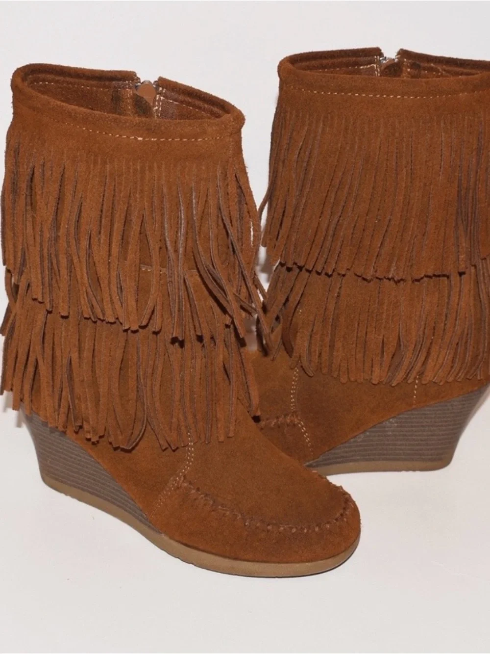 Minnetonka Fringe Suede Wedge Booties - Brown